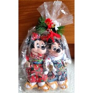 VTG NOS Disney Store Japan Kimono Geta Mickey Minnie 9" Bean Bag Plush 2000